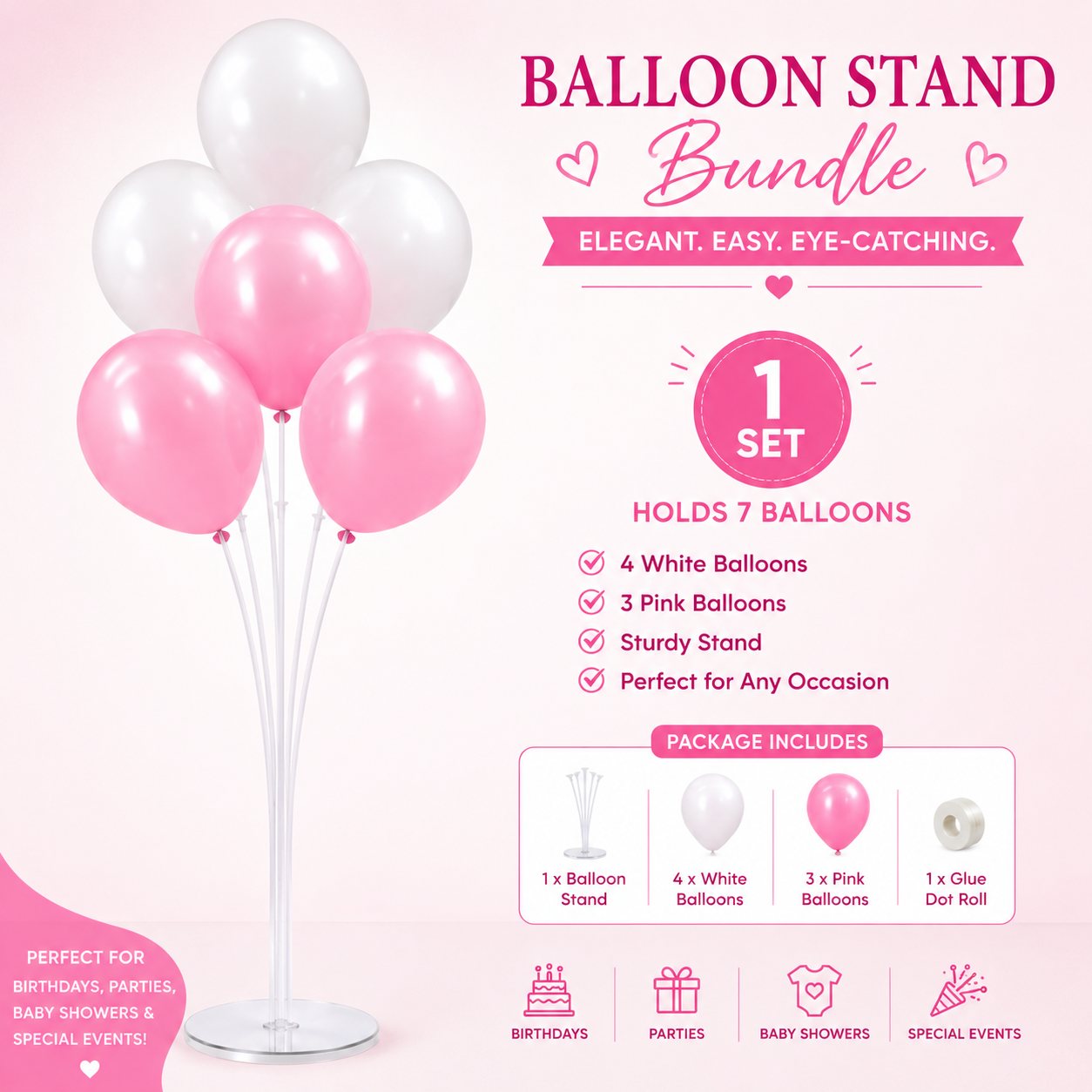 Balloon Stand with 7 mixed Balloon Set – Blue & White, pink & white balloons for birthday and baby shower decor