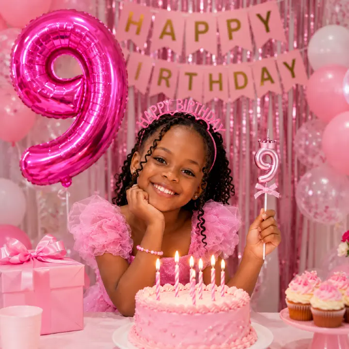 Girls Birthday Number Balloon & Candle Set – Number Foil Balloon with Matching Cake Candle