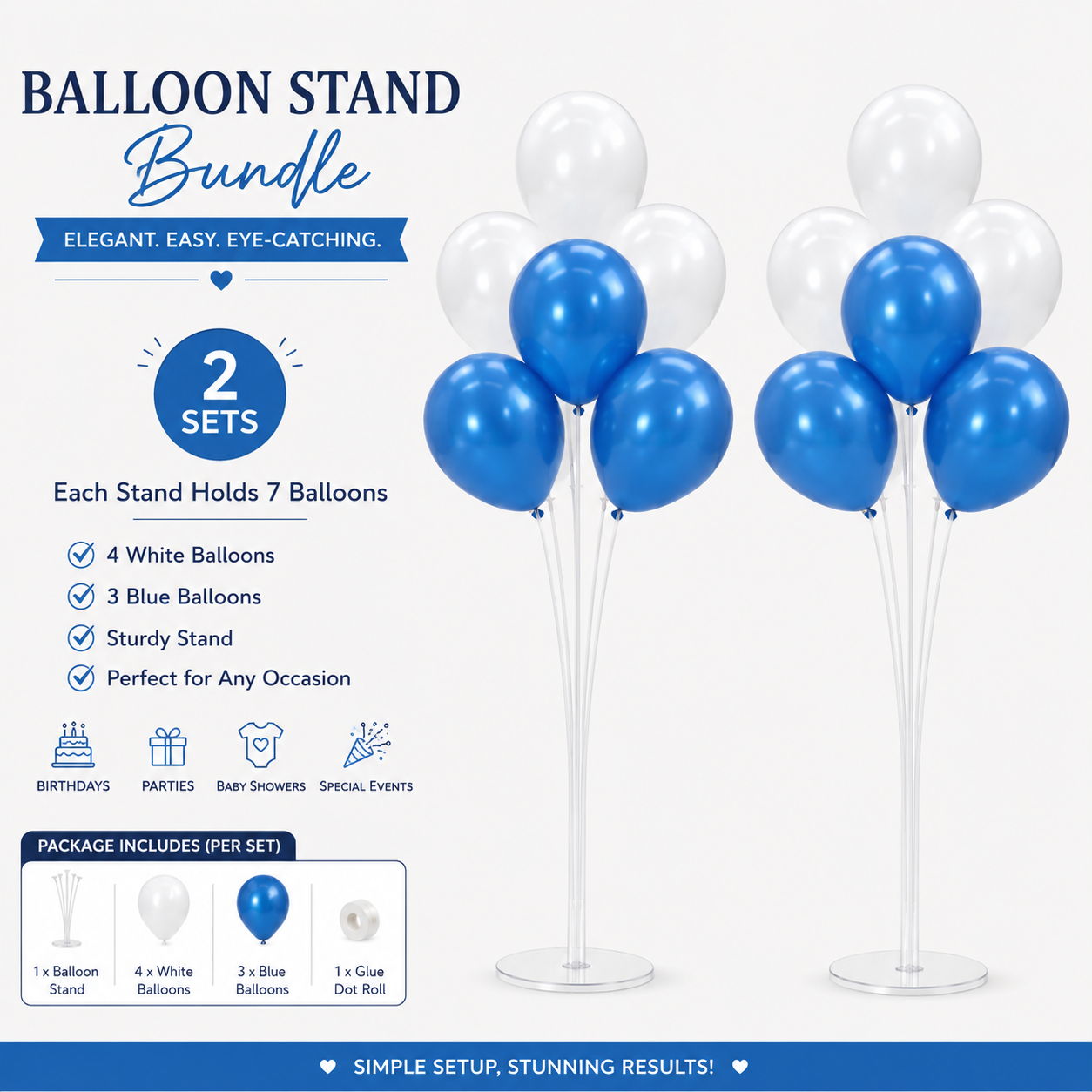 Balloon Stand with 7 mixed Balloon Set – Blue & White, pink & white balloons for birthday and baby shower decor