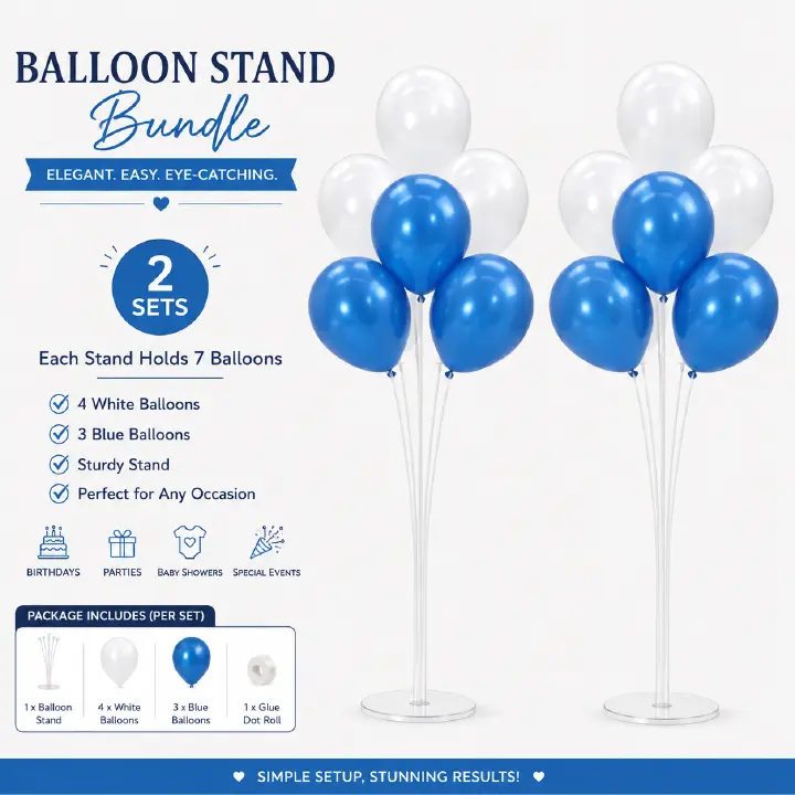 Balloon Stand with 7 mixed Balloon Set – Blue & White, pink & white balloons for birthday and baby shower decor