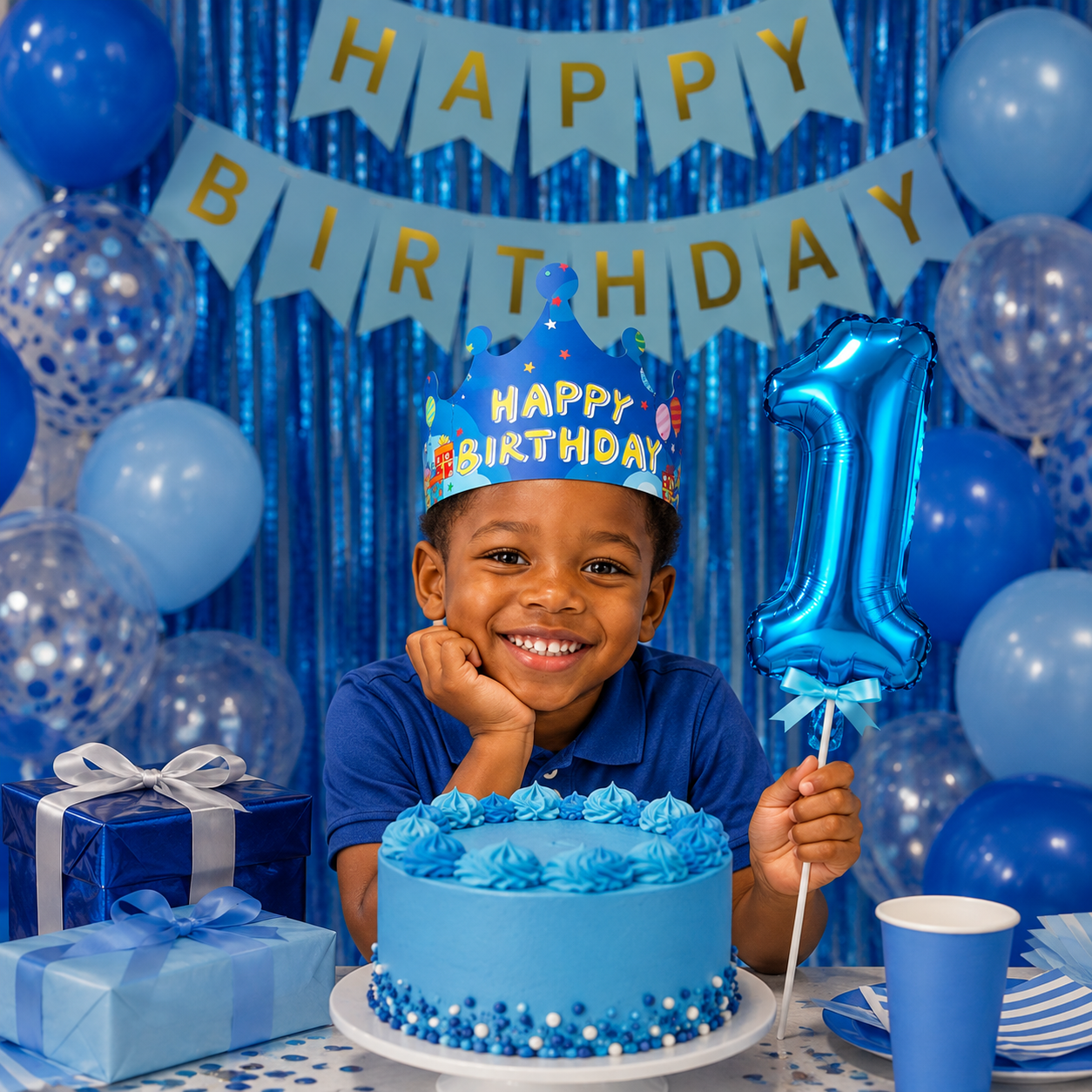 Boys Birthday Crown Hat & Number Foil Balloon Set – Birthday Party Decoration Kit