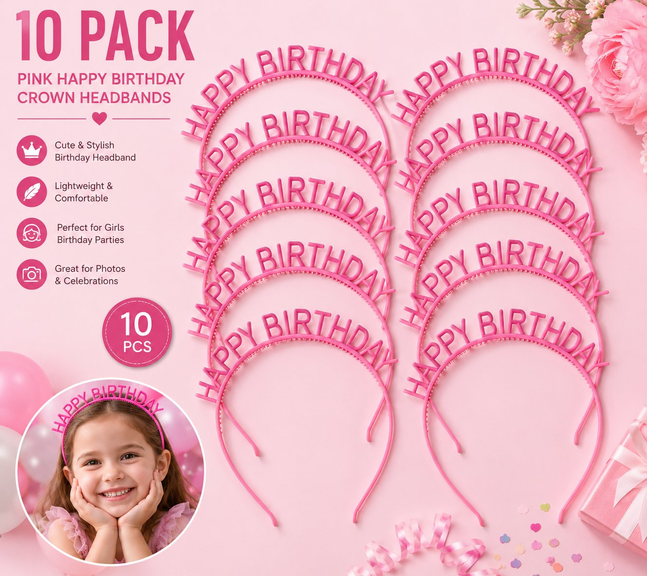 Baby Pink Happy Birthday Crown Headband for Girls – Birthday Party  crown birthday accessories
