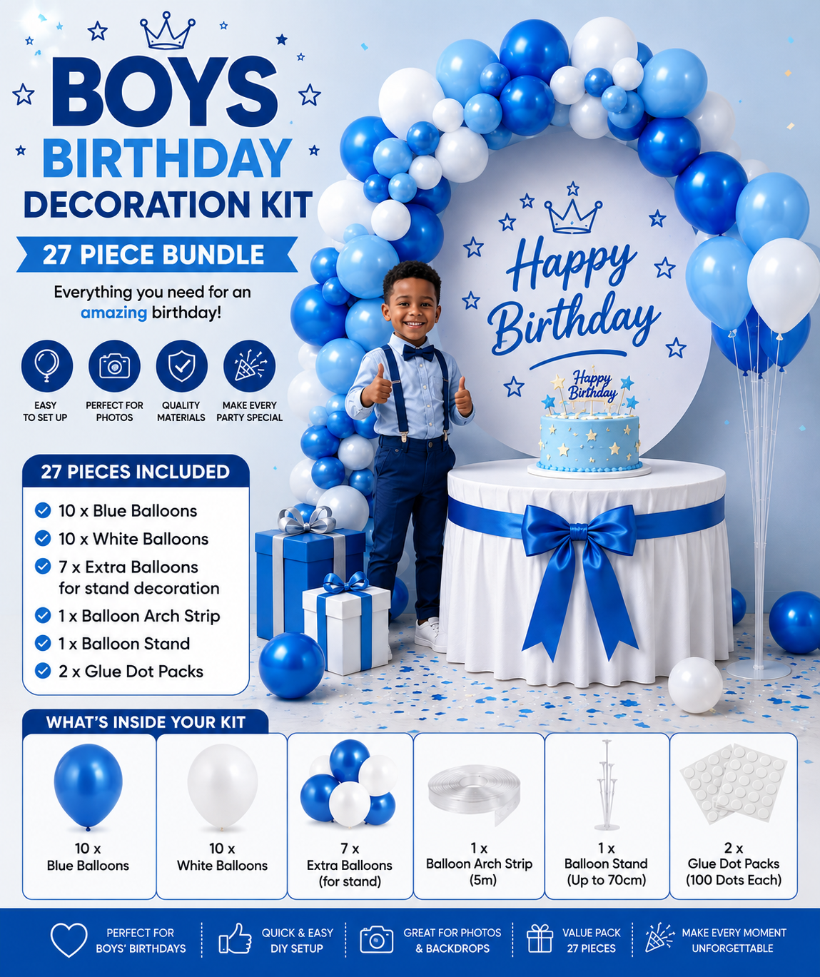 27 piece Boys Birthday Balloon Decoration Kit – Blue & White Balloons, Arch Strip, Stand & Glue Dots