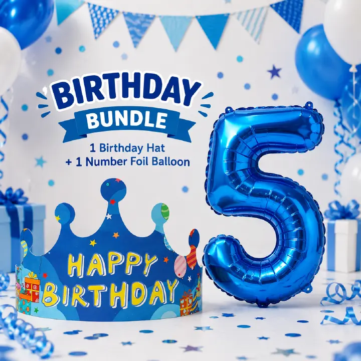 Boys Birthday Crown Hat & Number Foil Balloon Set – Birthday Party Decoration Kit