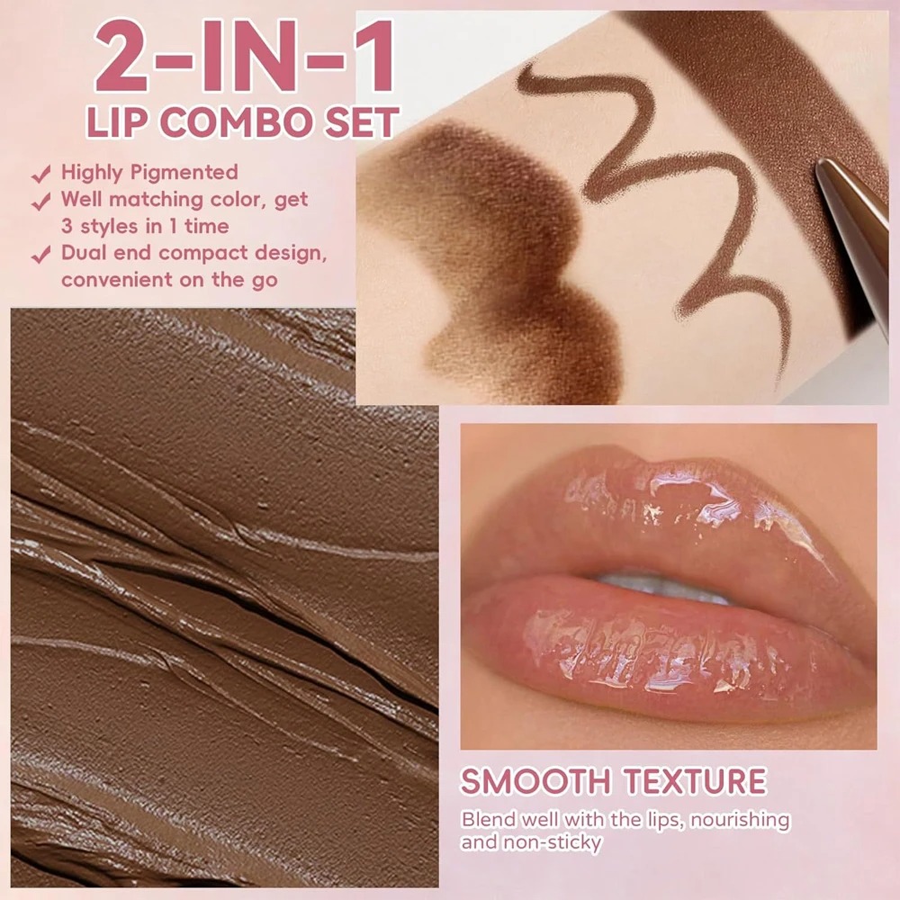 2 in1 Tapered Gradient Mirror Lip Gloss Matte Lip Liner Waterproof Lip Contour Non-Stick Makeup