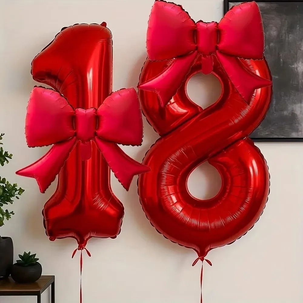 2 pcs 40inch Red Number 0-9 Balloon with Red Bowknot and glue dot for mounting birthday decoration