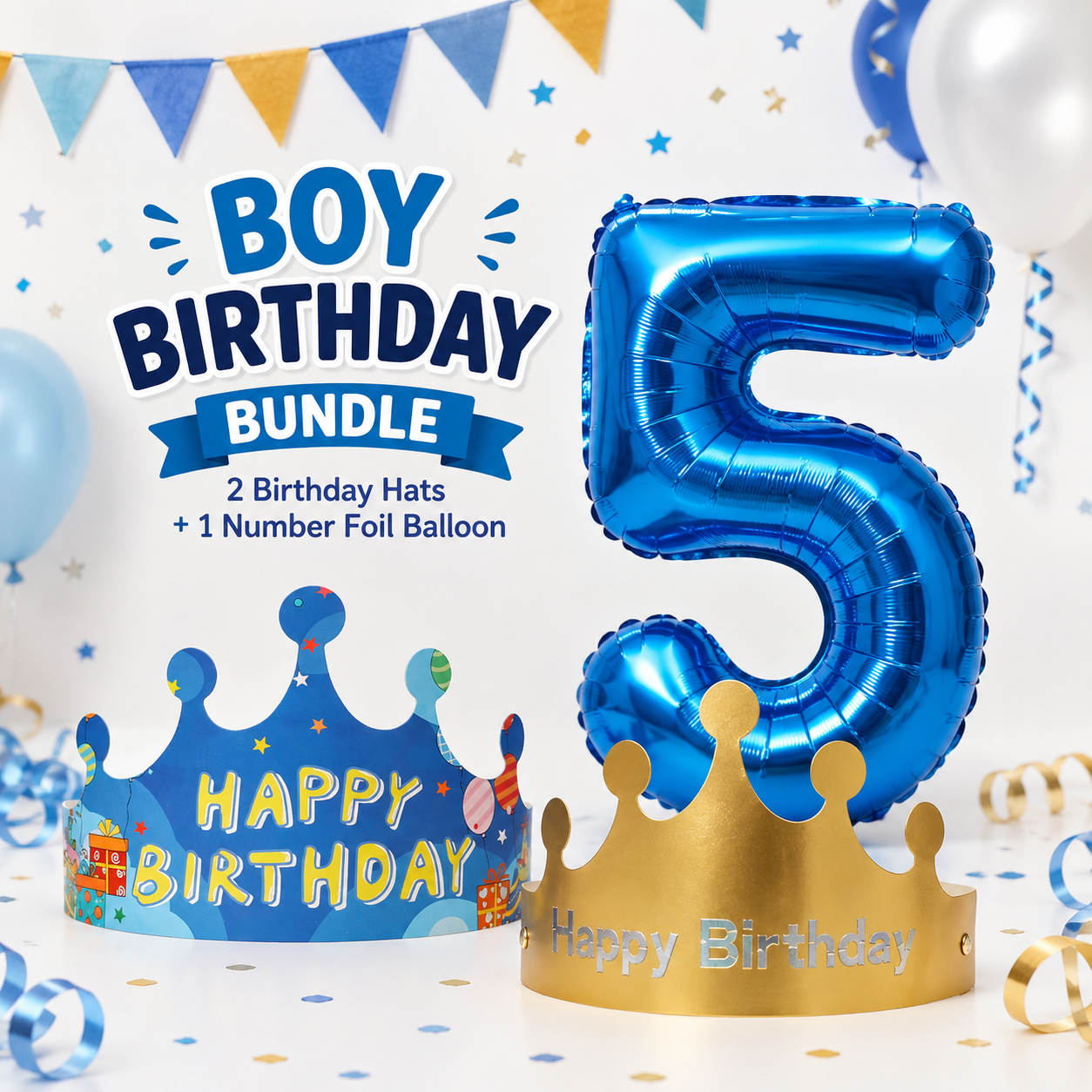 Boys Birthday Crown Hat & Number Foil Balloon Set – Birthday Party Decoration Kit