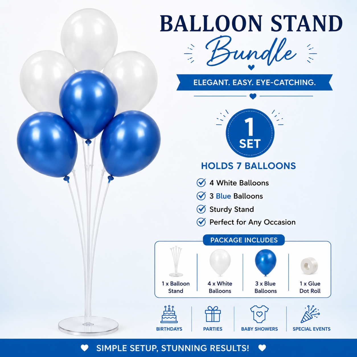 Balloon Stand with 7 mixed Balloon Set – Blue & White, pink & white balloons for birthday and baby shower decor