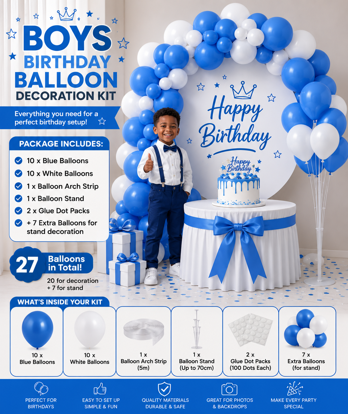 27 piece Boys Birthday Balloon Decoration Kit – Blue & White Balloons, Arch Strip, Stand & Glue Dots