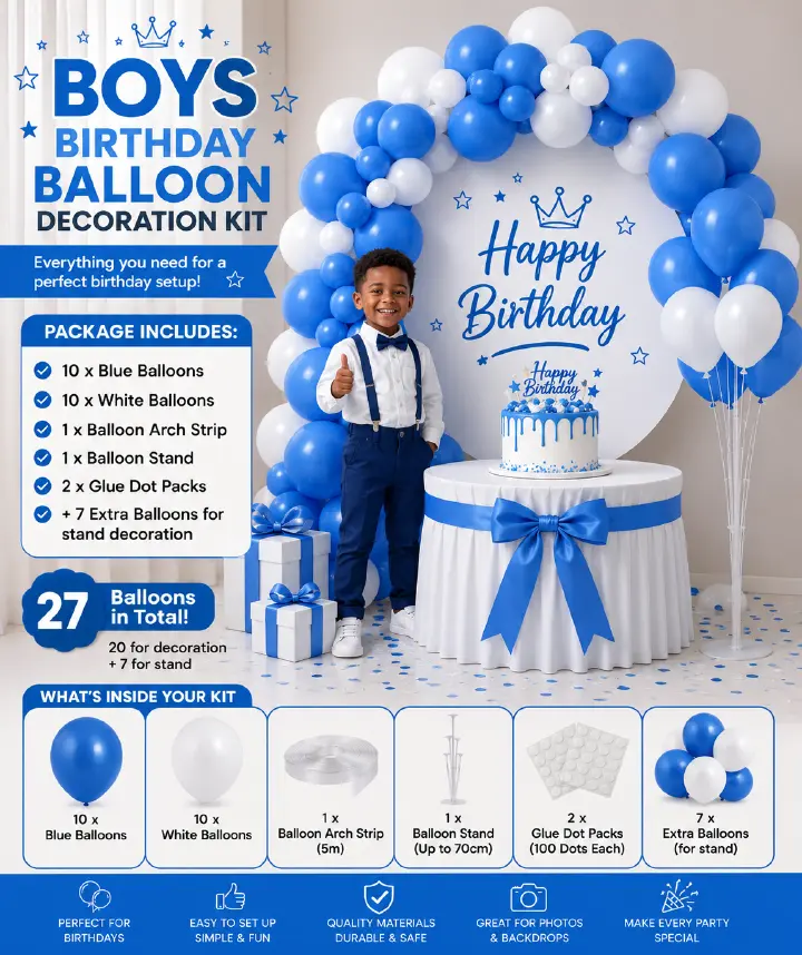 27 piece Boys Birthday Balloon Decoration Kit – Blue & White Balloons, Arch Strip, Stand & Glue Dots