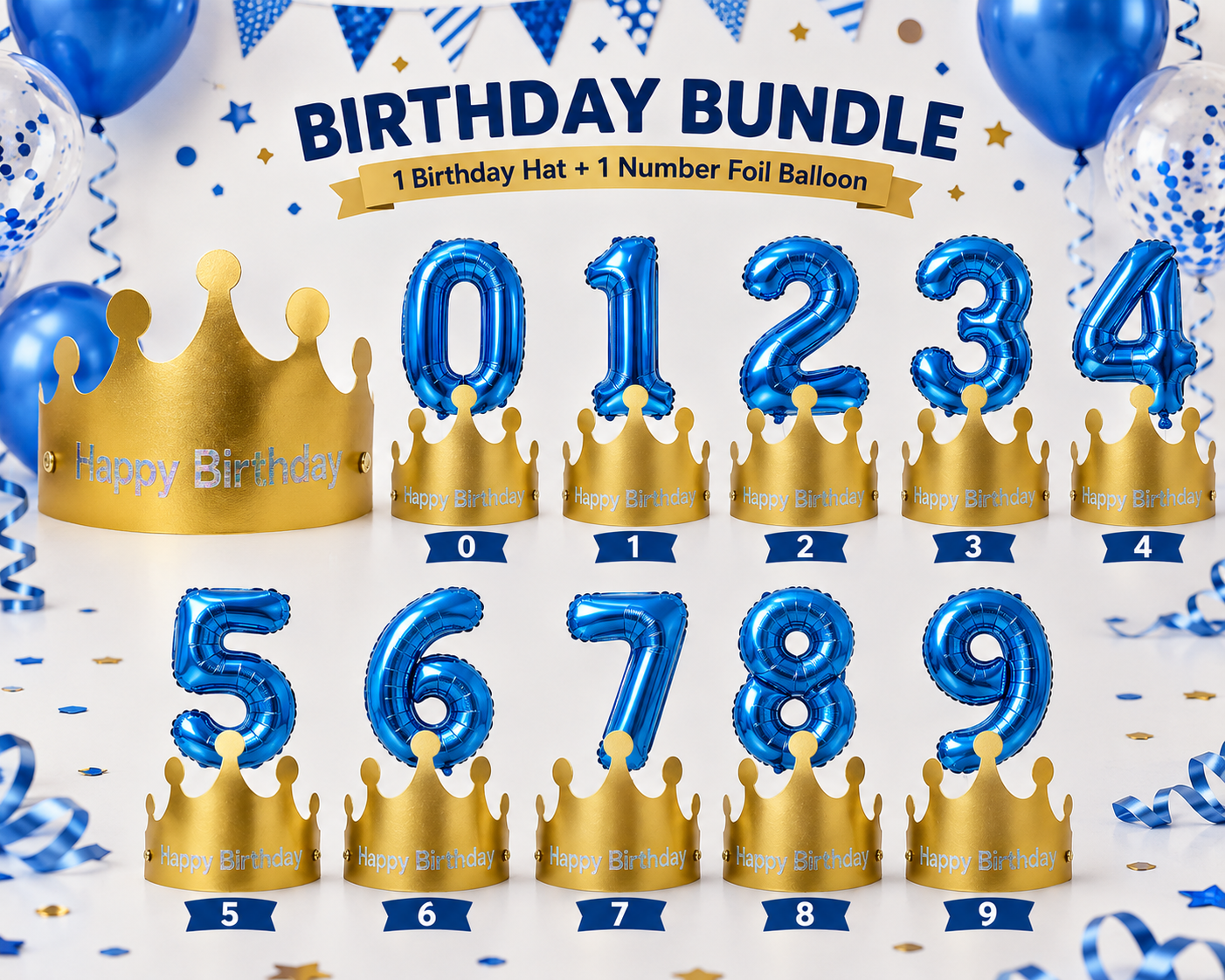Boys Birthday Crown Hat & Number Foil Balloon Set – Birthday Party Decoration Kit