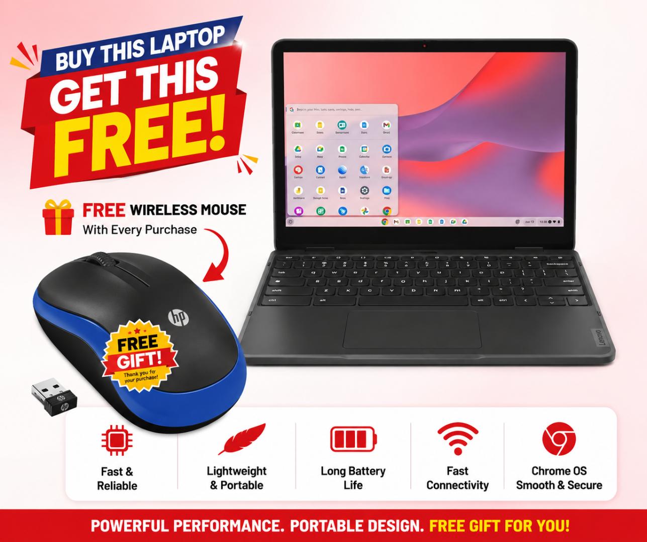 Lenovo Chromebook 4GB RAM 32GB SSD Upgradable to 500GB – Lightweight Fast Laptop for Students & Online Work + Free Wireless Mouse Gift