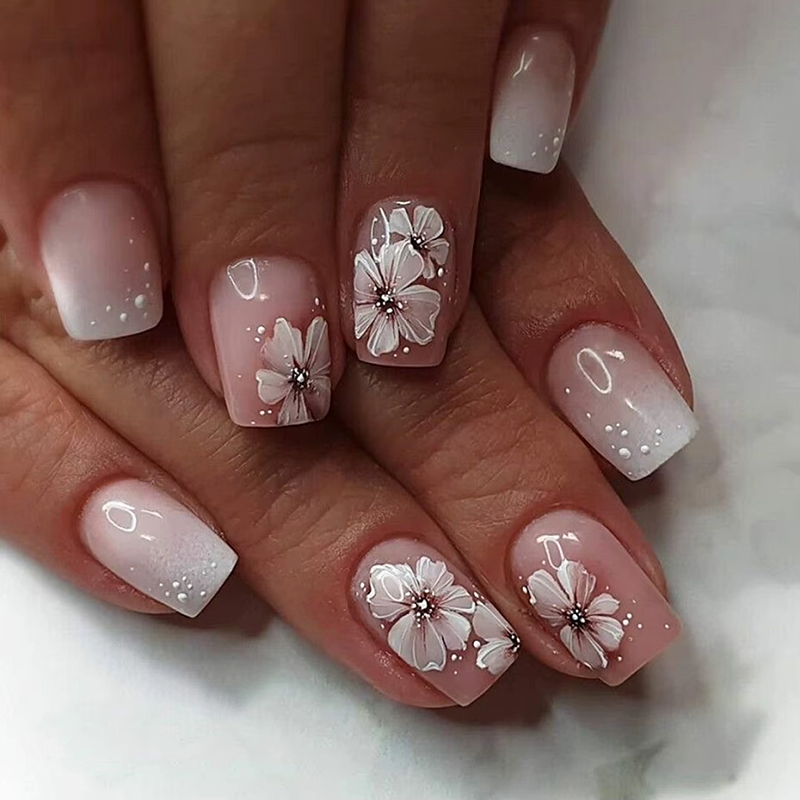 24Pcs Ladder-shaped Ballet False Nails with Glue Stripe Floral Nail Art Ombre French Press on Acrylic Nail Tips for Spice Girls view 8