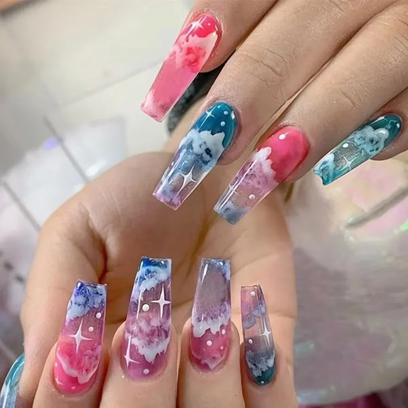 24Pcs Ladder-shaped Ballet False Nails with Glue Stripe Floral Nail Art Ombre French Press on Acrylic Nail Tips for Spice Girls view 4