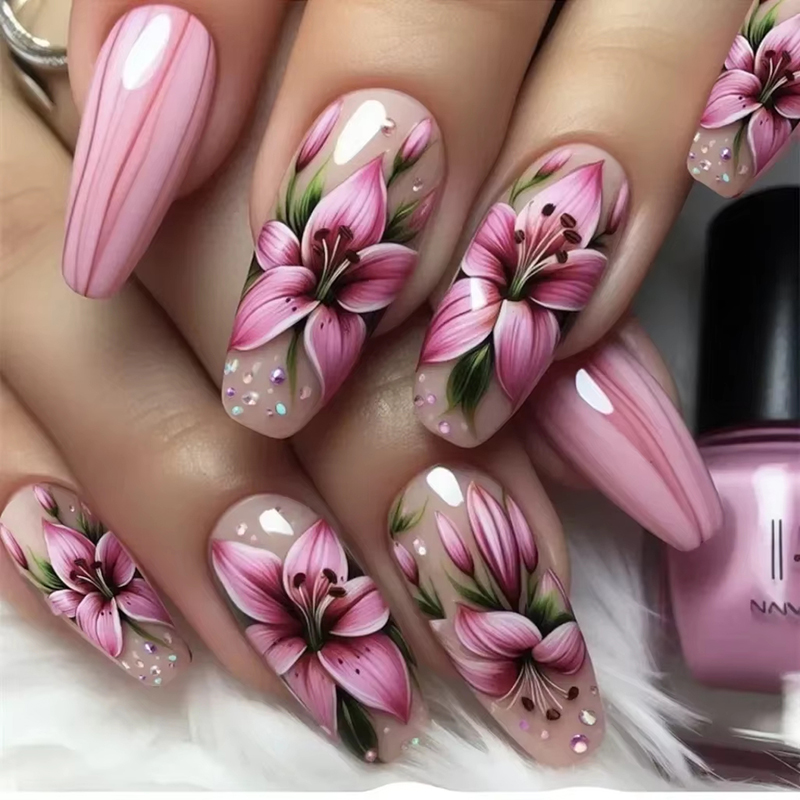 24Pcs Ladder-shaped Ballet False Nails with Glue Stripe Floral Nail Art Ombre French Press on Acrylic Nail Tips for Spice Girls view 3