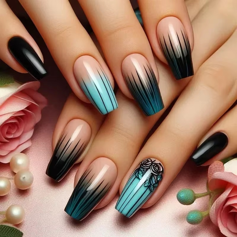 24Pcs Ladder-shaped Ballet False Nails with Glue Stripe Floral Nail Art Ombre French Press on Acrylic Nail Tips for Spice Girls view 5