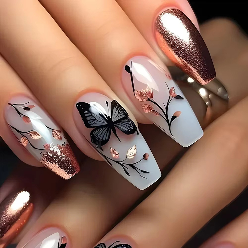 24Pcs Ladder-shaped Ballet False Nails with Glue Stripe Floral Nail Art Ombre French Press on Acrylic Nail Tips for Spice Girls view 2