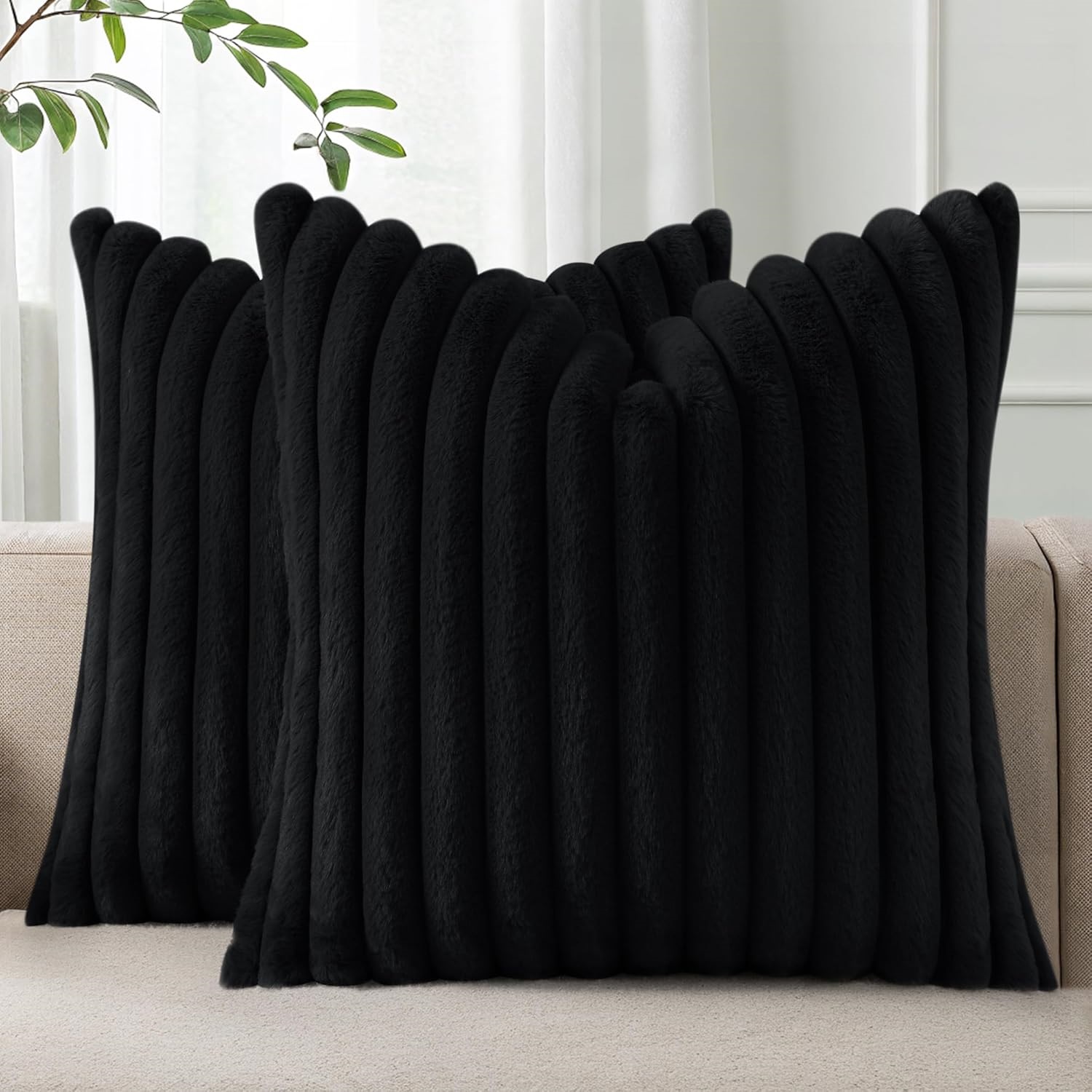 Cozy Faux Fur Throw Pillow Covers 18x18 Set of 2 Decorative Soft Plush Striped Modern Farmhouse Boho Couch Pillow Cases with Velvet Back for Sofa Bed Living Room,