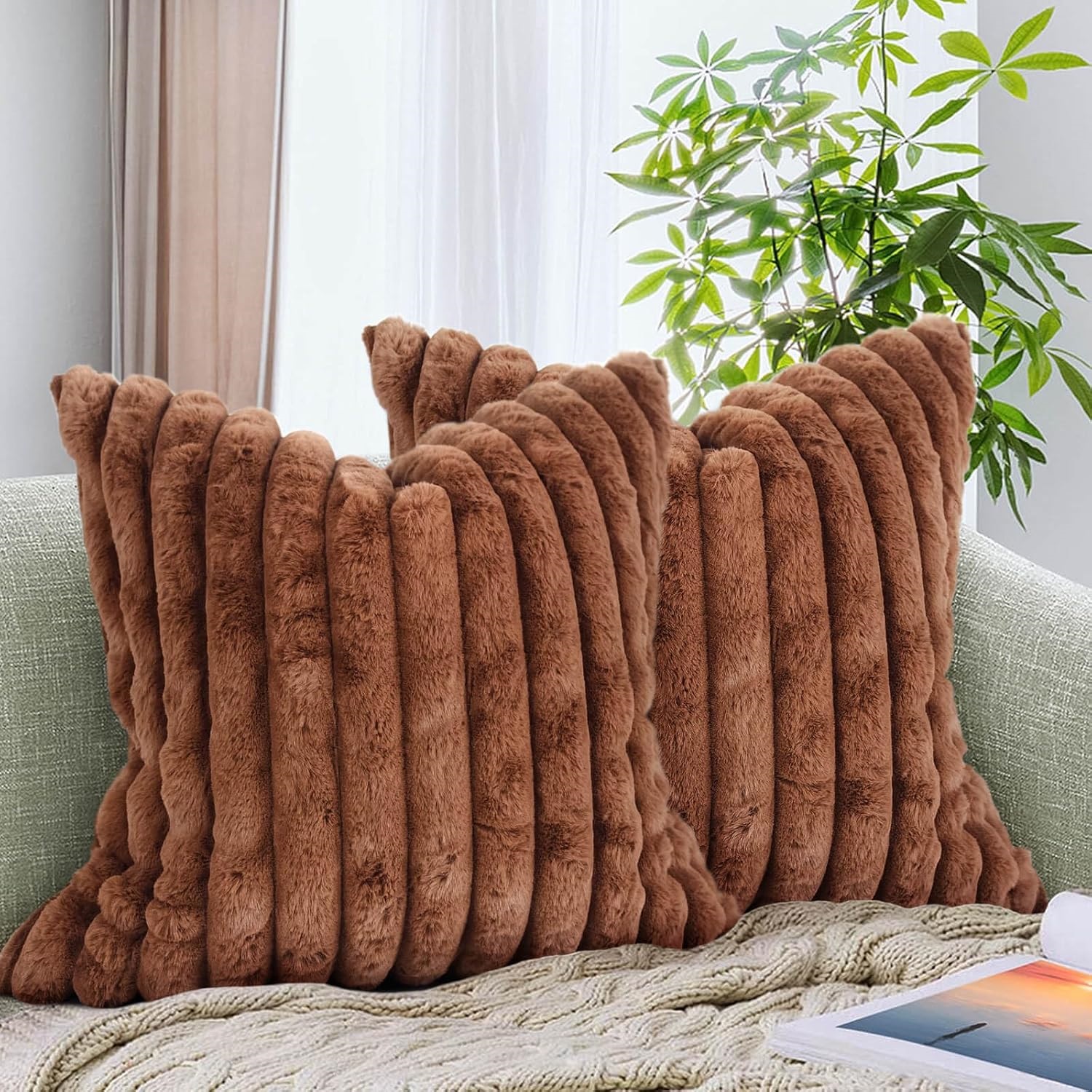 Cozy Faux Fur Throw Pillow Covers 18x18 Set of 2 Decorative Soft Plush Striped Modern Farmhouse Boho Couch Pillow Cases with Velvet Back for Sofa Bed Living Room,