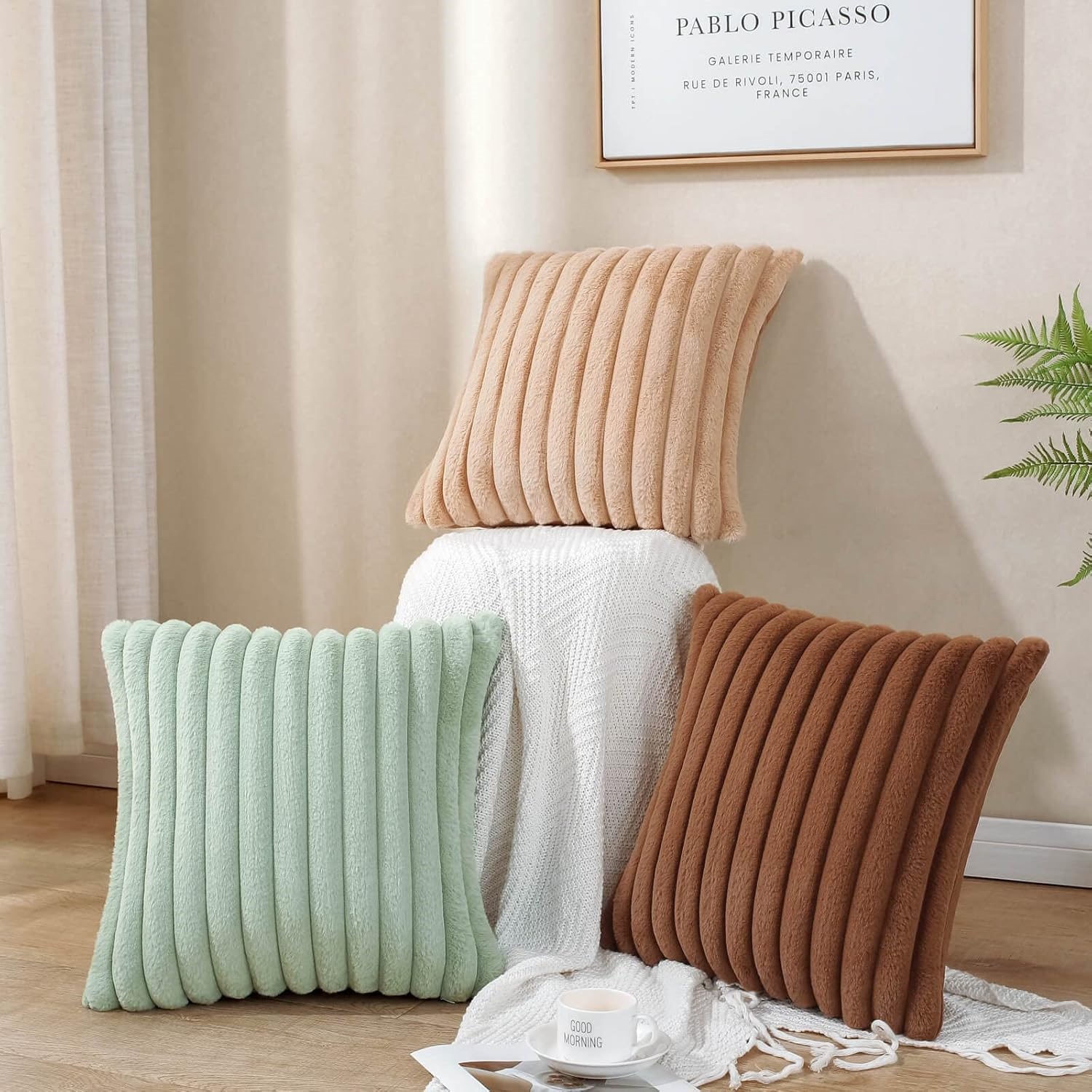 Cozy Faux Fur Throw Pillow Covers 18x18 Set of 2 Decorative Soft Plush Striped Modern Farmhouse Boho Couch Pillow Cases with Velvet Back for Sofa Bed Living Room,