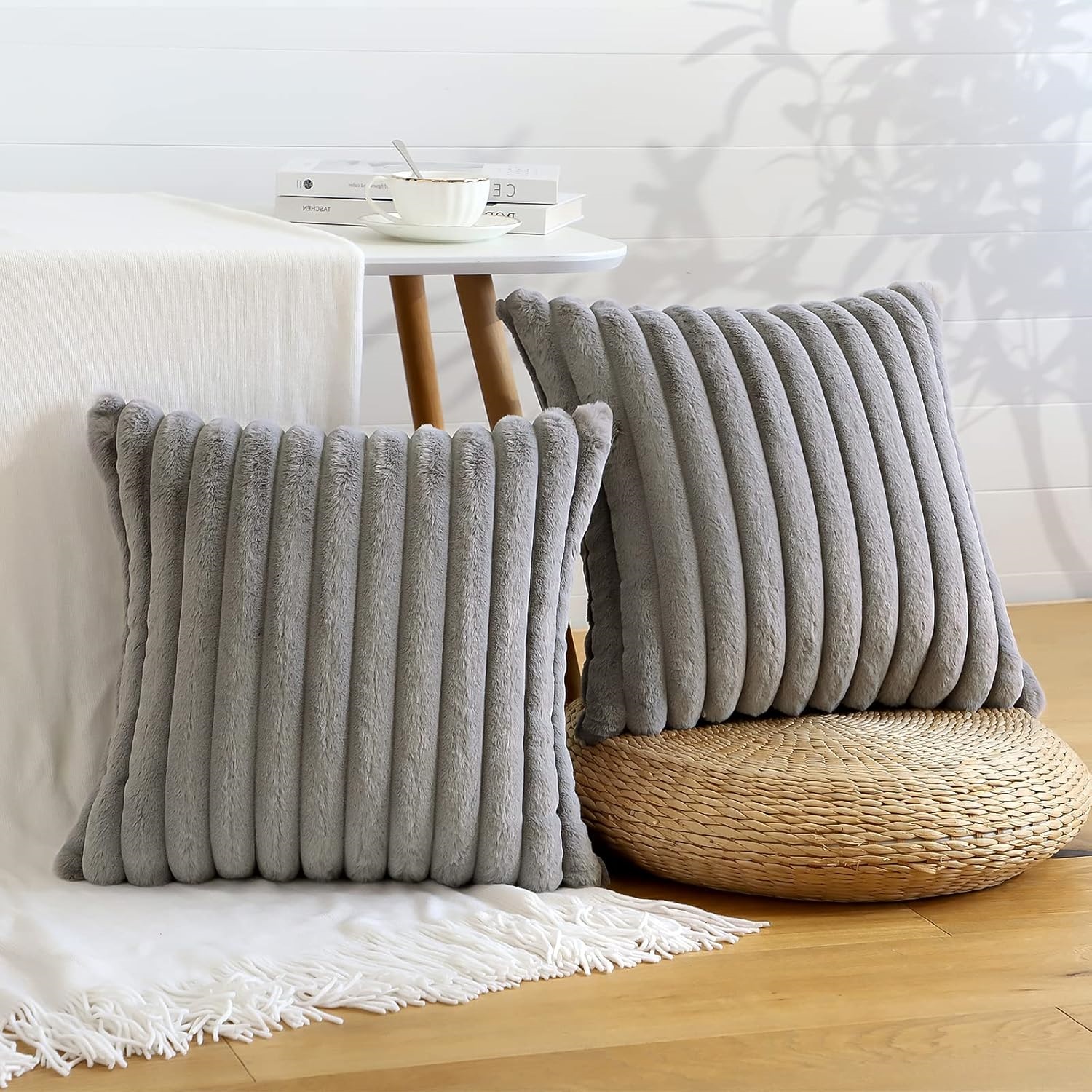 Cozy Faux Fur Throw Pillow Covers 18x18 Set of 2 Decorative Soft Plush Striped Modern Farmhouse Boho Couch Pillow Cases with Velvet Back for Sofa Bed Living Room,