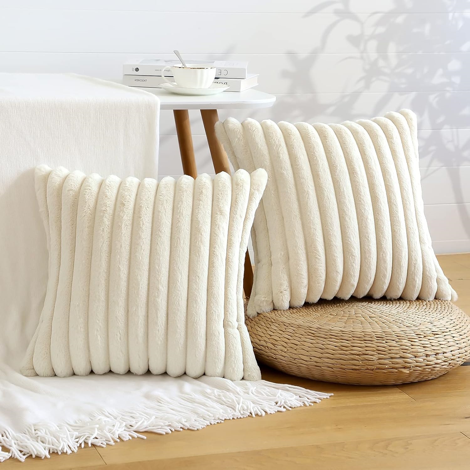 Cozy Faux Fur Throw Pillow Covers 18x18 Set of 2 Decorative Soft Plush Striped Modern Farmhouse Boho Couch Pillow Cases with Velvet Back for Sofa Bed Living Room,