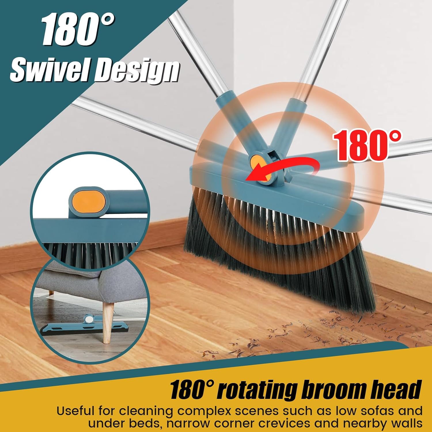 2 in1 Brooms and Dustpan Set with Scraper, Foldable Rotatable Broom, Hair Catcher Dustpan for Floor