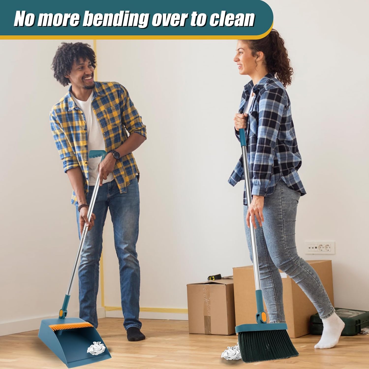 2 in1 Brooms and Dustpan Set with Scraper, Foldable Rotatable Broom, Hair Catcher Dustpan for Floor