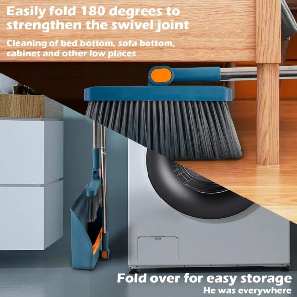 2 in1 Brooms and Dustpan Set with Scraper, Foldable Rotatable Broom, Hair Catcher Dustpan for Floor