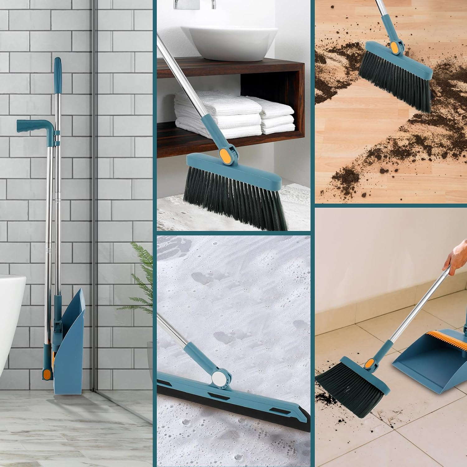 2 in1 Brooms and Dustpan Set with Scraper, Foldable Rotatable Broom, Hair Catcher Dustpan for Floor