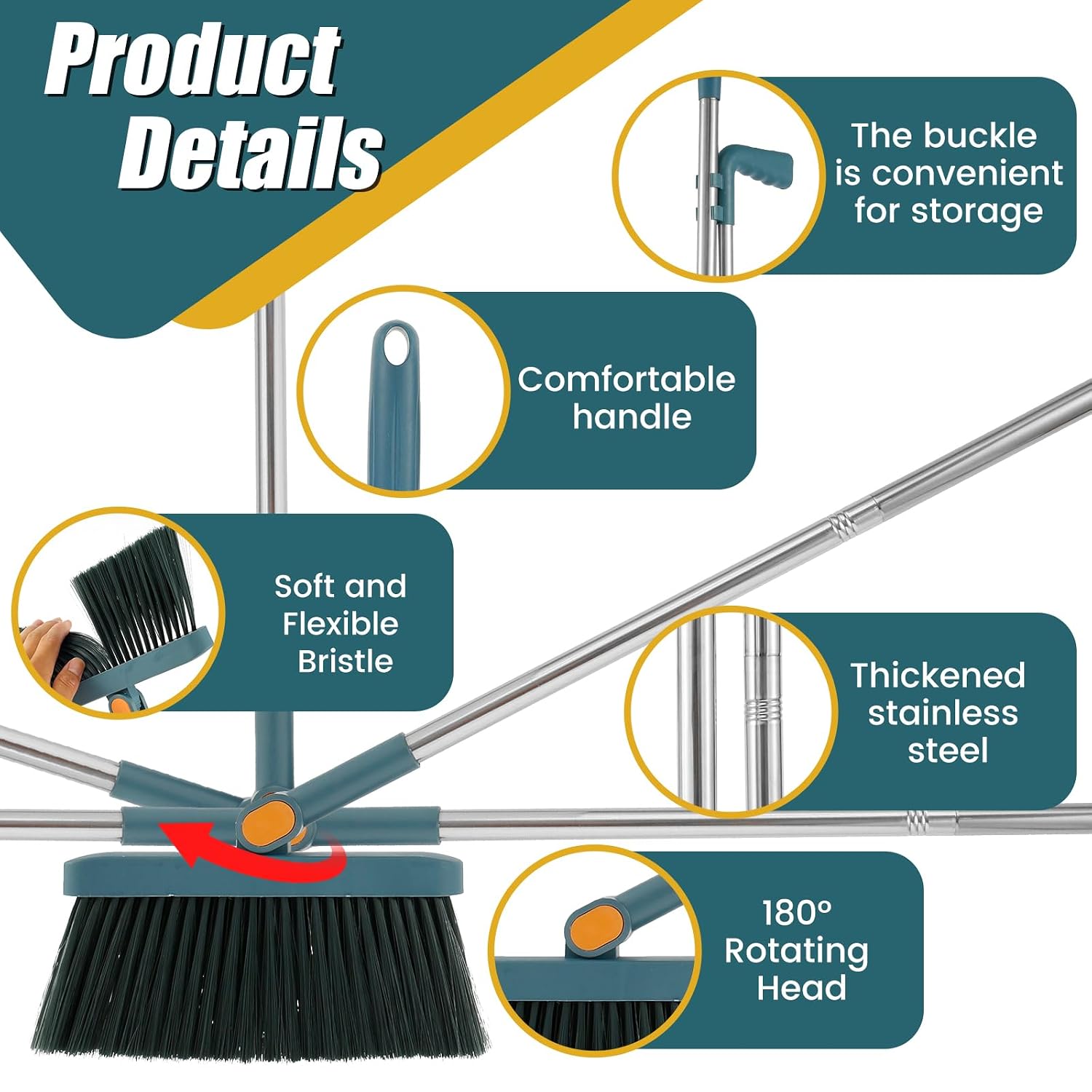 2 in1 Brooms and Dustpan Set with Scraper, Foldable Rotatable Broom, Hair Catcher Dustpan for Floor