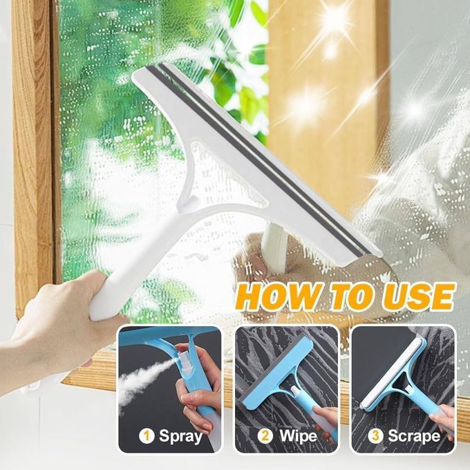 3 in 1 Window Cleaner with Spray - Professional Silicone Squeegee Scraper & Microfiber Scrubber Combo