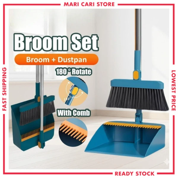 2 in1 Brooms and Dustpan Set with Scraper, Foldable Rotatable Broom, Hair Catcher Dustpan for Floor