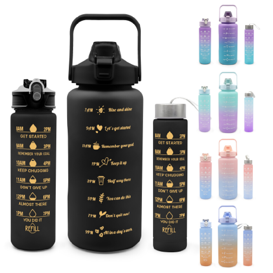 3 in 1 Motivational Water Bottle - Plastic Water Bottle Set of 3 Piece Sport Drink Bottles With Time Marker