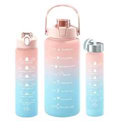 3 in 1 Motivational Water Bottle - Plastic Water Bottle Set of 3 Piece Sport Drink Bottles With Time Marker