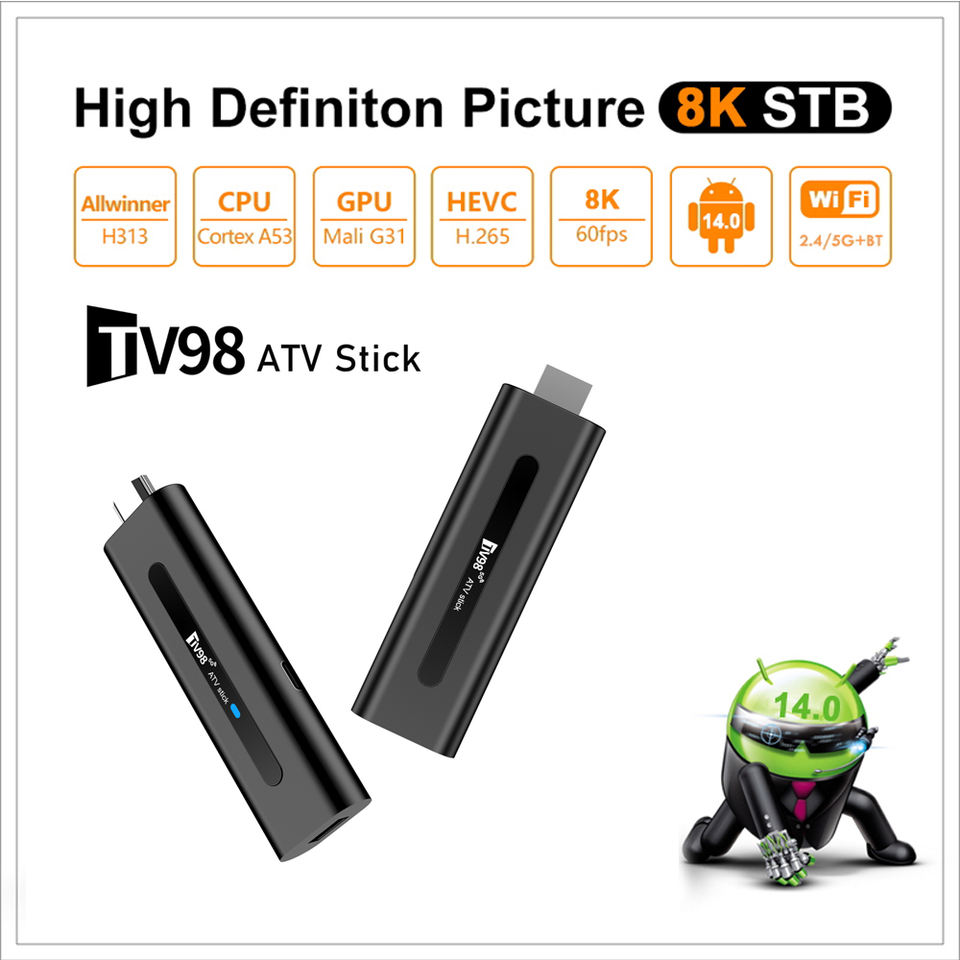 TV98 ATV TV Stick Android 14.0 Set Top Box Home Theater Smart Allwinner H313 Bluetooth 2.4G/5G Dual WIFI 8K TV Box Quad Core