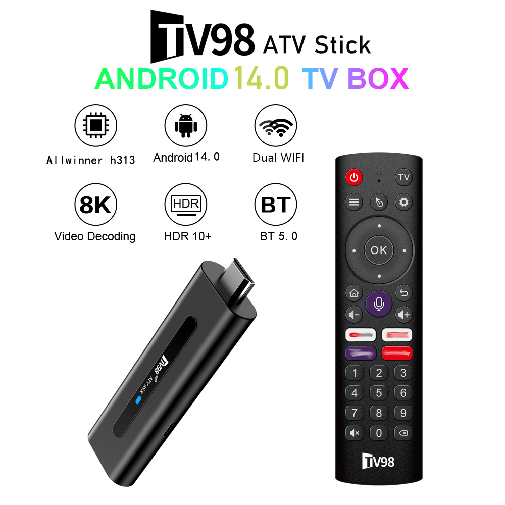 TV98 ATV TV Stick Android 14.0 Set Top Box Home Theater Smart Allwinner H313 Bluetooth 2.4G/5G Dual WIFI 8K TV Box Quad Core