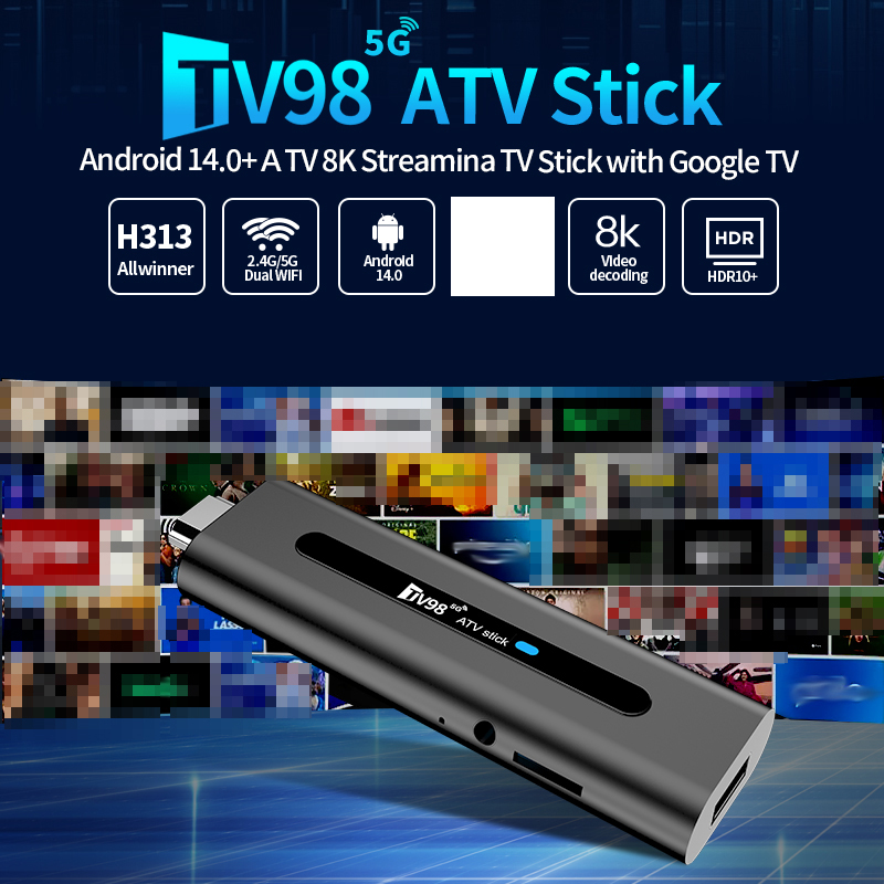 TV98 ATV TV Stick Android 14.0 Set Top Box Home Theater Smart Allwinner H313 Bluetooth 2.4G/5G Dual WIFI 8K TV Box Quad Core