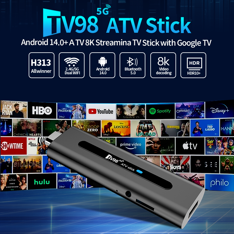 TV98 ATV TV Stick Android 14.0 Set Top Box Home Theater Smart Allwinner H313 Bluetooth 2.4G/5G Dual WIFI 8K TV Box Quad Core