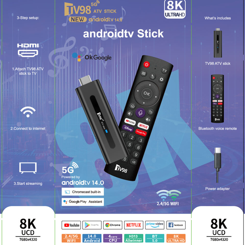 TV98 ATV TV Stick Android 14.0 Set Top Box Home Theater Smart Allwinner H313 Bluetooth 2.4G/5G Dual WIFI 8K TV Box Quad Core