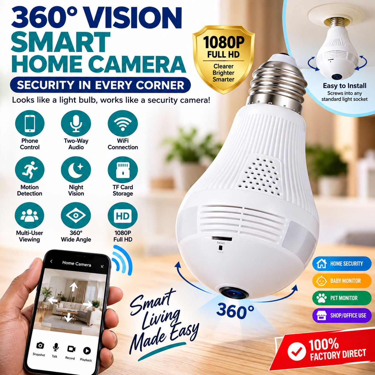 SMART NANNY BULB CCTV SURVEILLANCE CAMERA WiFi / AP HOTSPOT