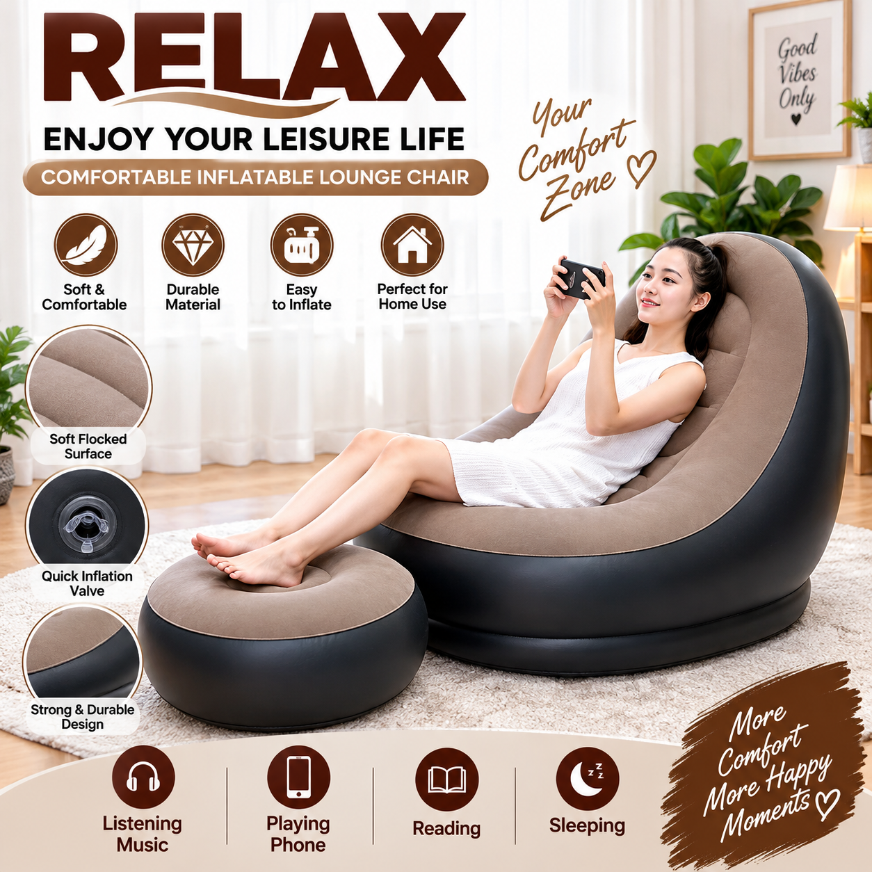 Inflatable Lounge Chair + Footrest Set – Ultra Comfy, Modern Design