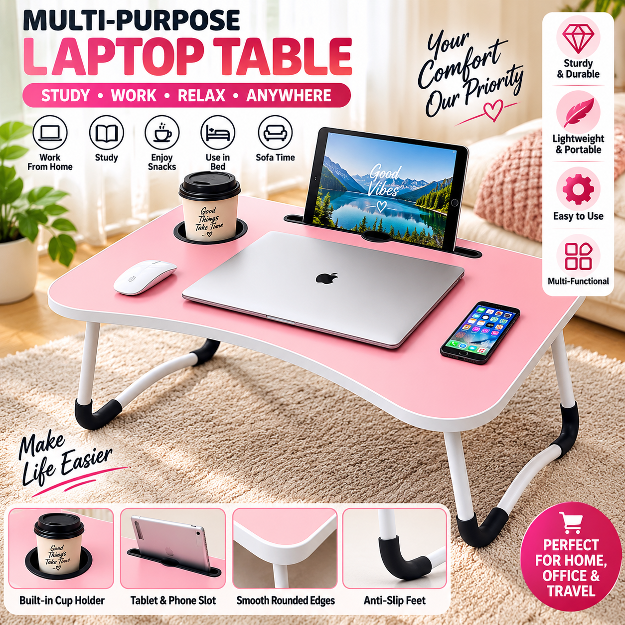 Multi-purpose foldable portable laptop desk study table with tablet slot and drink slot