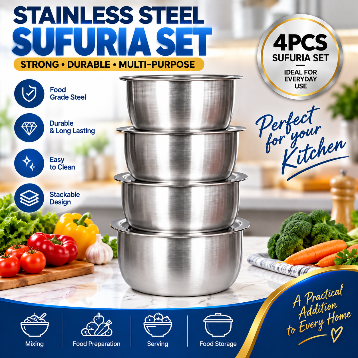 4-Piece Stainless Aluminum Cookware Set – Durable Sufurias Without Lids for Everyday Cooking (No Lids Included)