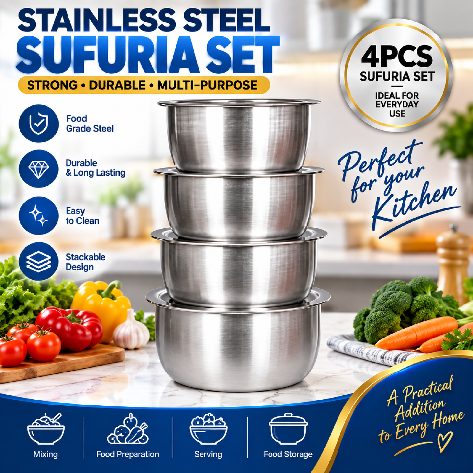 4-Piece Stainless Aluminum Cookware Set – Durable Sufurias Without Lids for Everyday Cooking (No Lids Included)