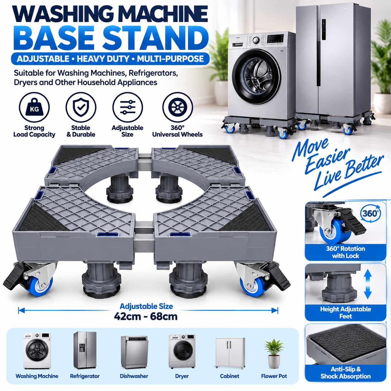 Heavy duty 200kg fridge stand washing machine stand trolley expandable 42-68cm both sides