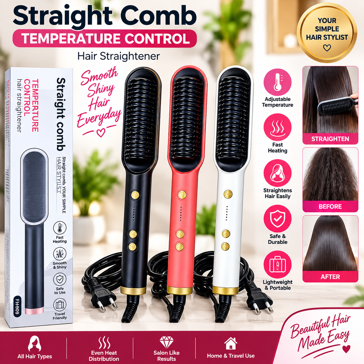 Electric Hair Straightening Comb With Adjustable Temperature Control – Fast Heating Hot Comb For Smooth, Frizz-Free Styling