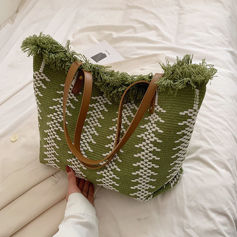 Women's Large Capacity Canvas Tote – Tassel Cotton Linen Woven Shoulder Bag, Simple Versatile Commute