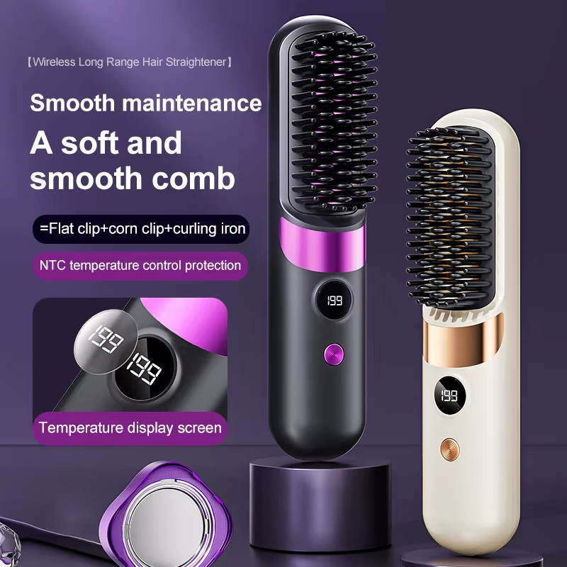 Portable Wireless Hair Straightening Comb Hair Brush Straightener Mini Ionic Hot Comb Straightener Negative Ion Curler Straightener Brush Rechargeable LED Display Hot Comb