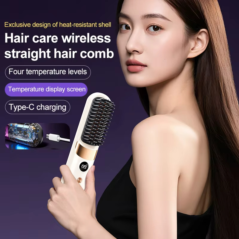 Portable Wireless Hair Straightening Comb Hair Brush Straightener Mini Ionic Hot Comb Straightener Negative Ion Curler Straightener Brush Rechargeable LED Display Hot Comb